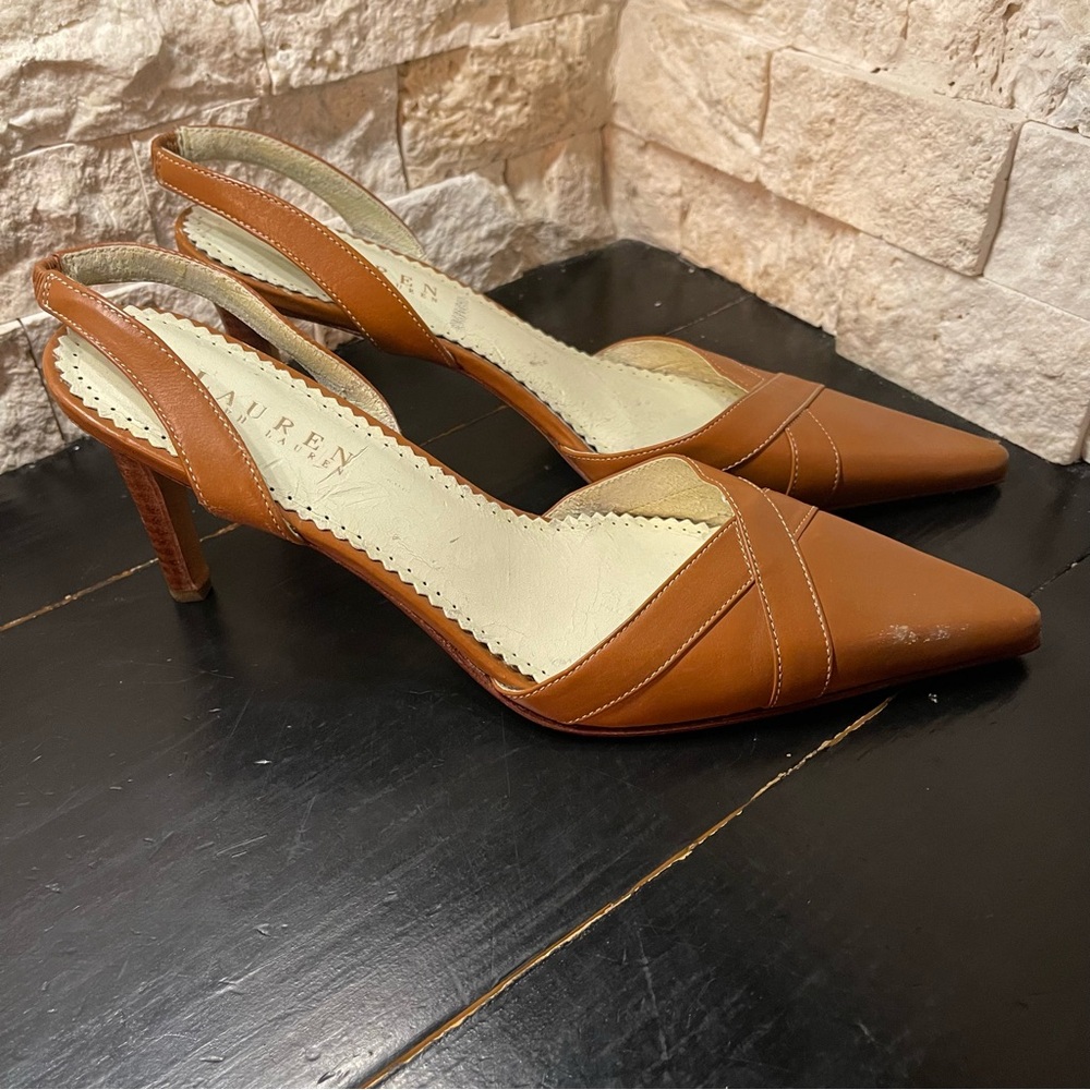 Lauren Ralph Lauren Lolah Burnished Leather Tan Slingback Women's Pumps
